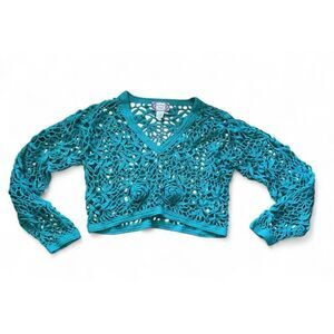 Vintage Elizabeth Jordan Turquoise Crochet Sweater/Floral Size L Great Condition